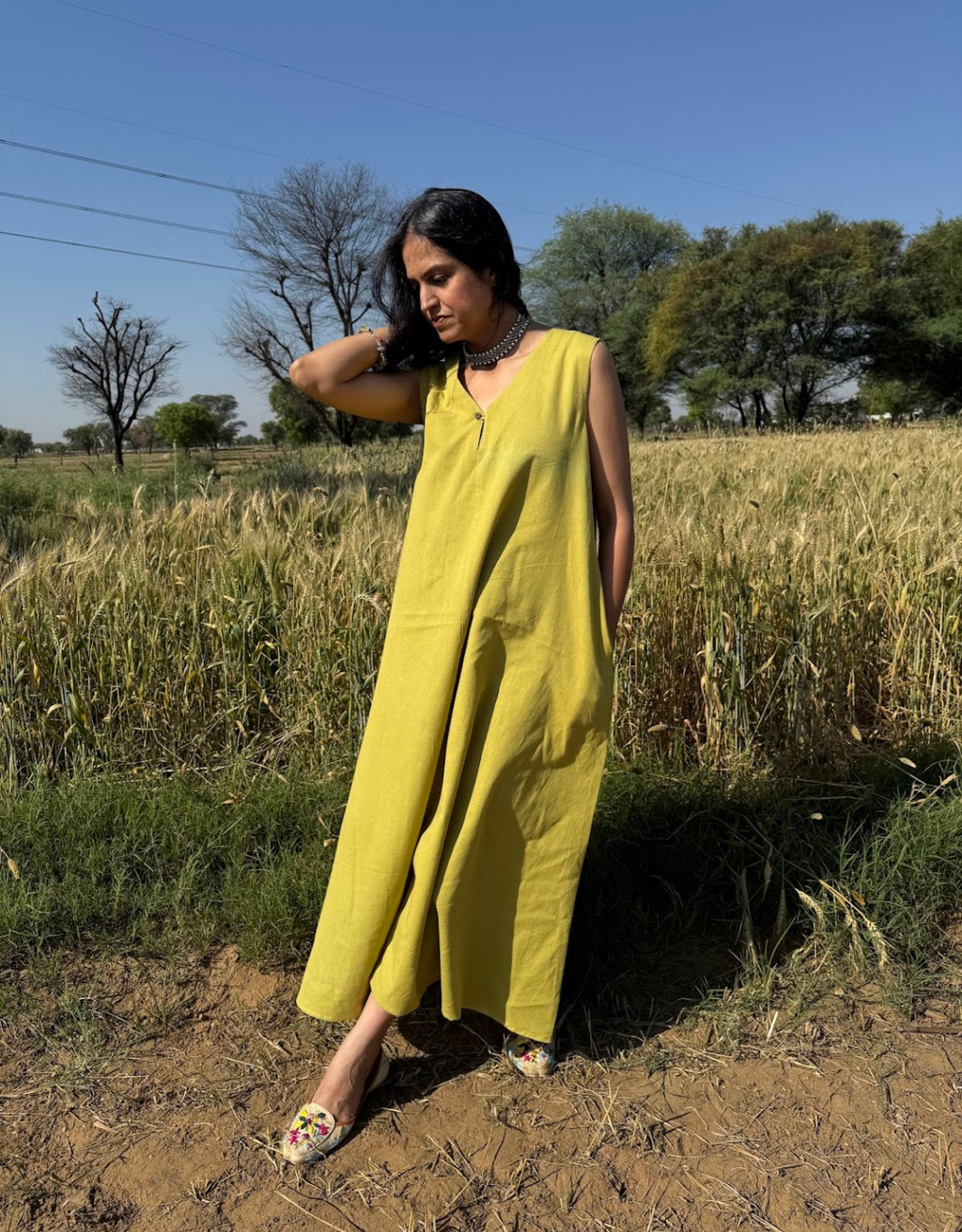 Lime Green Cotton Flex Sleeveless Long Dress