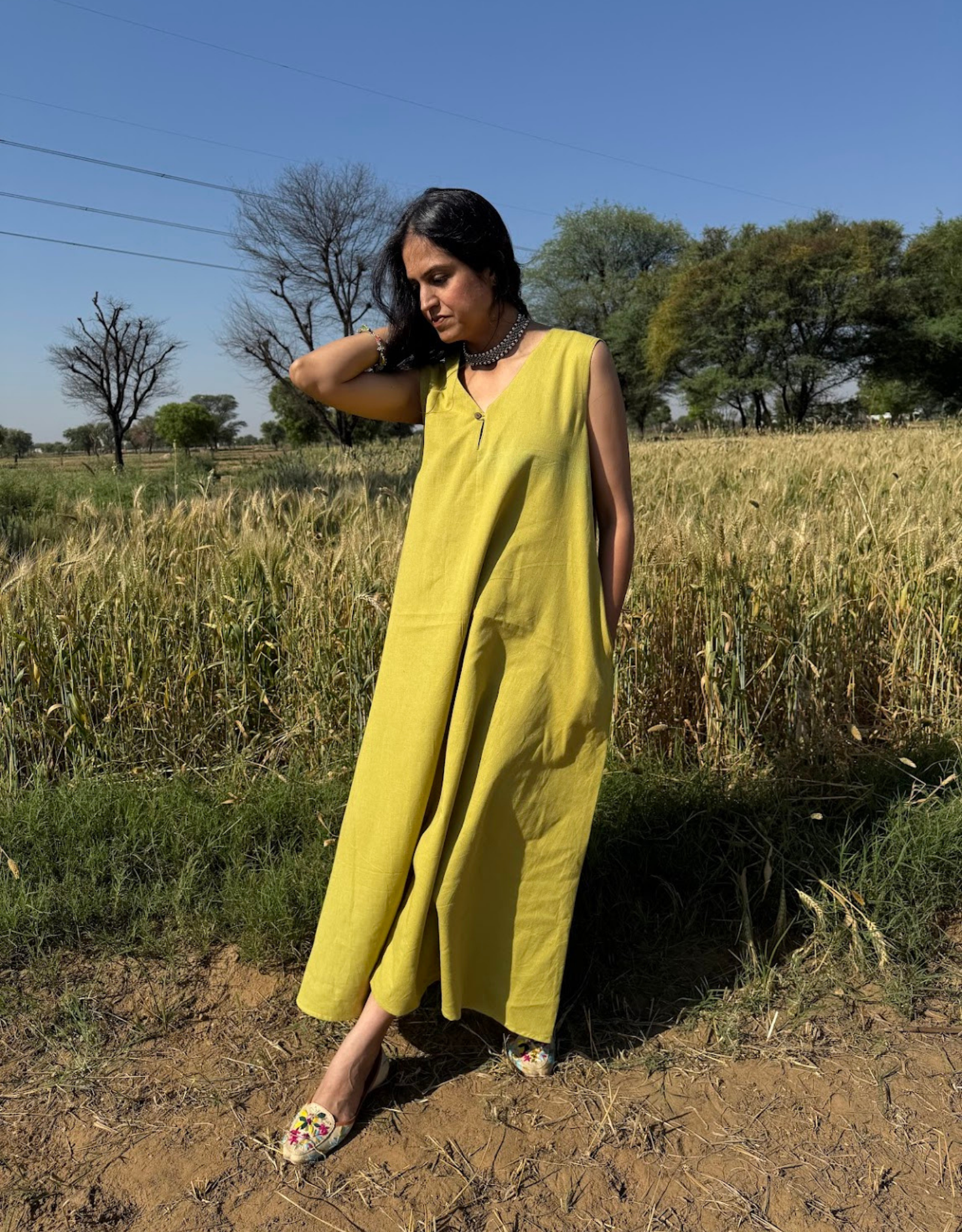 Lime Green Cotton Flex Sleeveless Long Dress