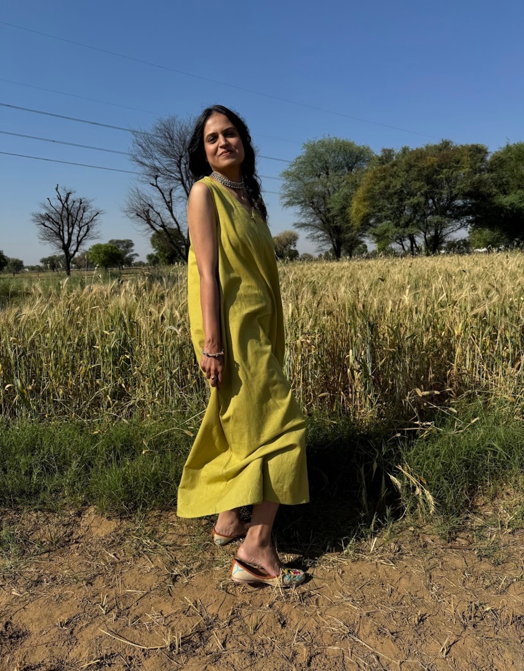 Lime Green Cotton Flex Sleeveless Long Dress