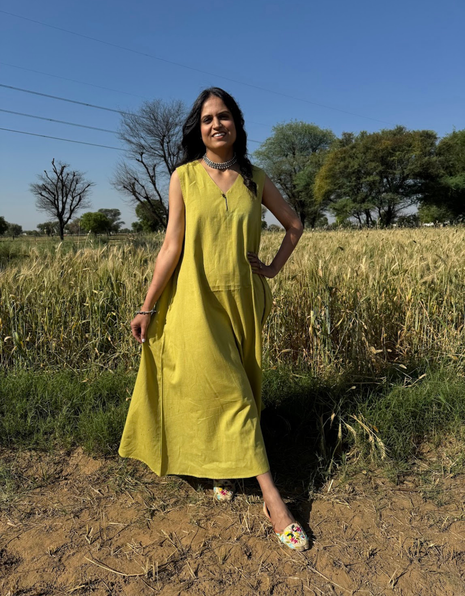 Lime Green Cotton Flex Sleeveless Long Dress