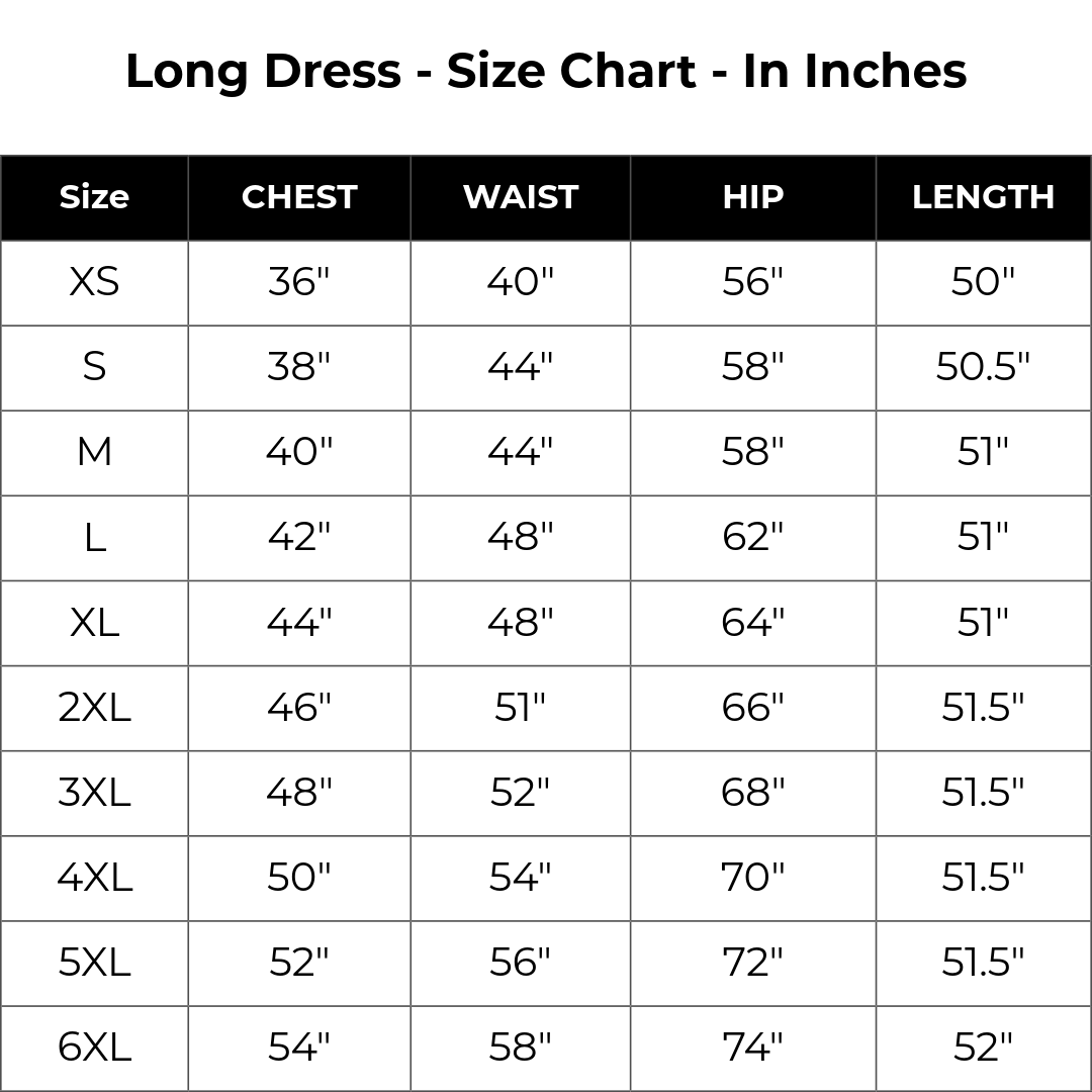 Size chart inches