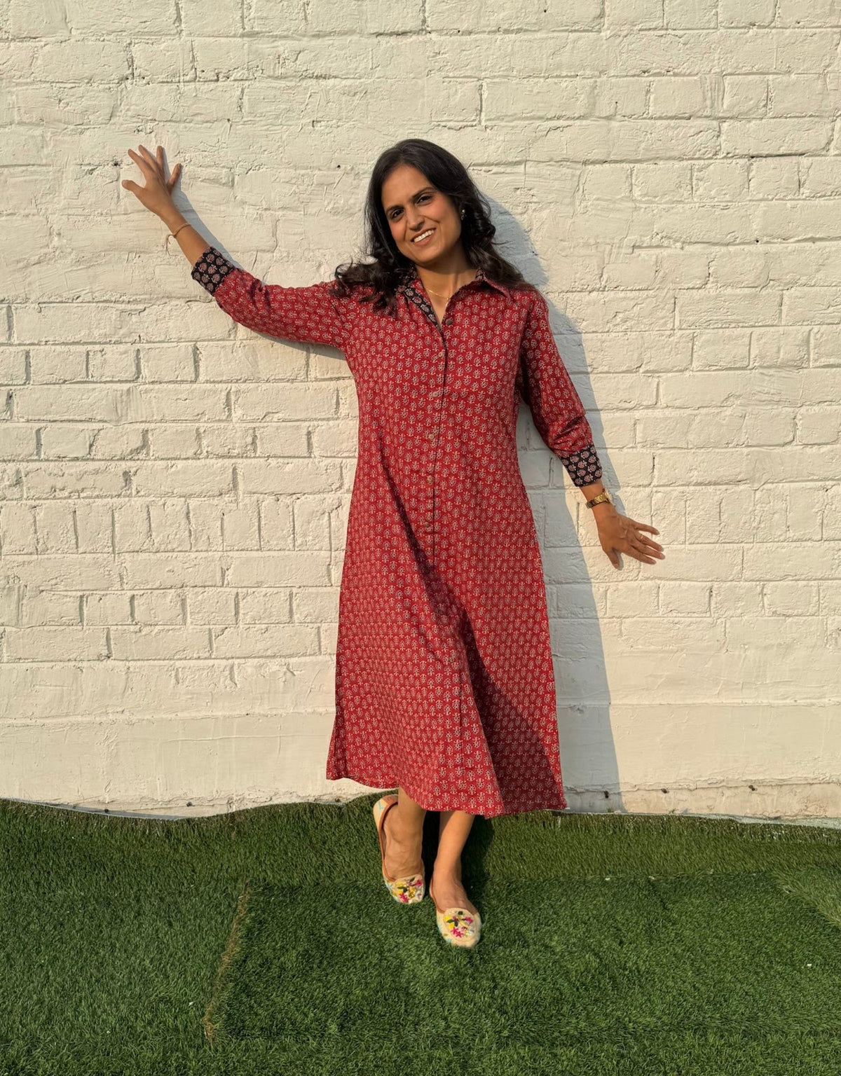 Maroon Butti Cotton Regular Fit Dress