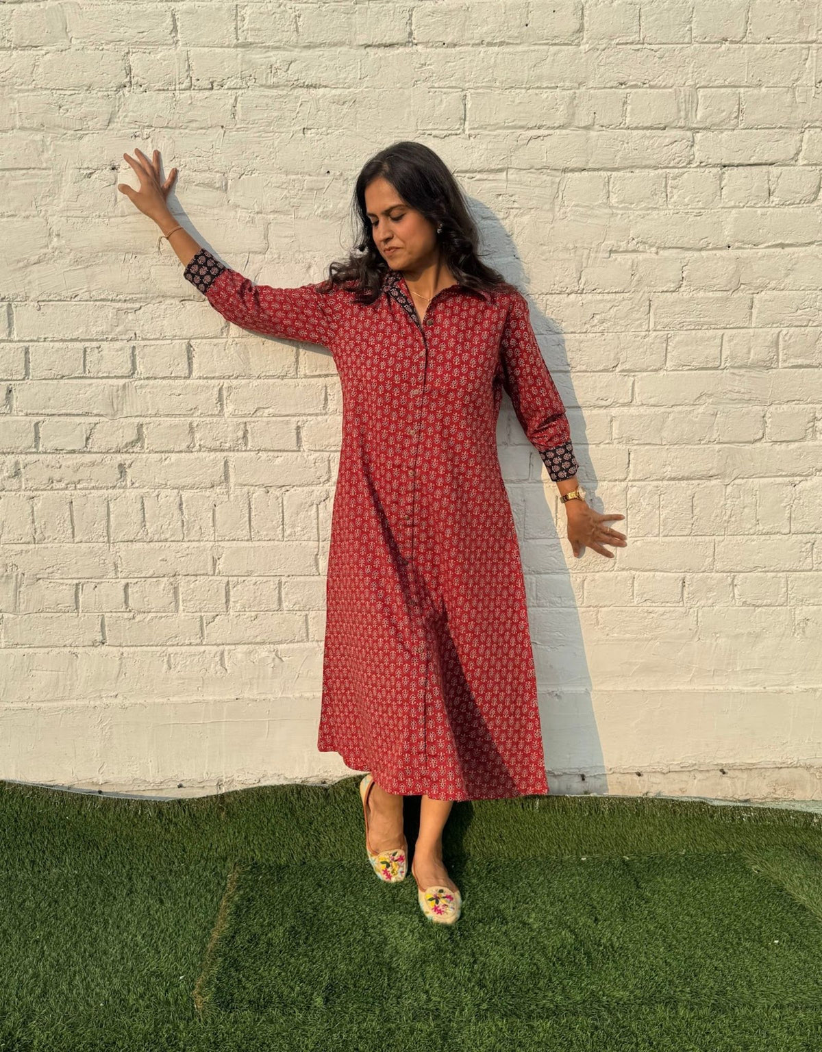 Maroon Butti Cotton Regular Fit Dress