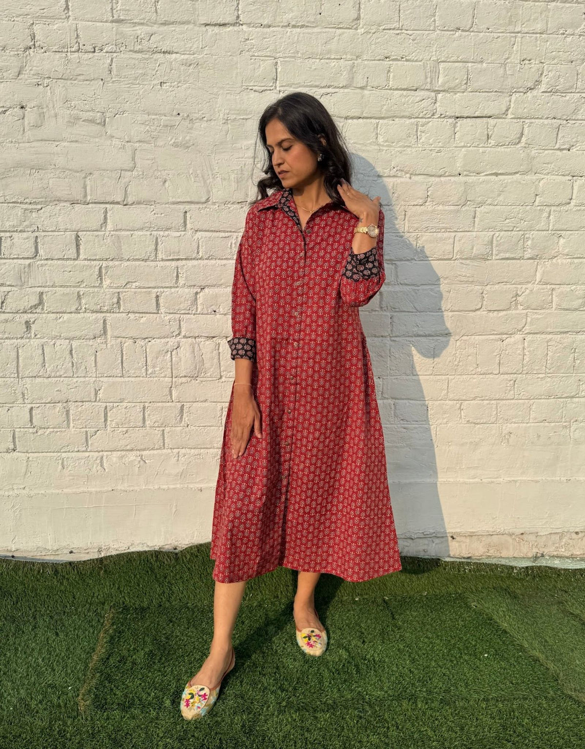 Maroon Butti Cotton Regular Fit Dress
