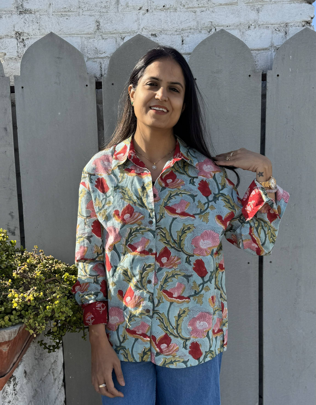 Lucknow Mugal Floral In Sky Cotton Oversized Shirt Without Pocket