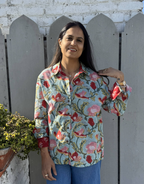 Lucknow Mugal Floral In Sky Cotton Oversized Shirt Without Pocket