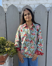 Lucknow Mugal Floral In Sky Cotton Oversized Shirt Without Pocket