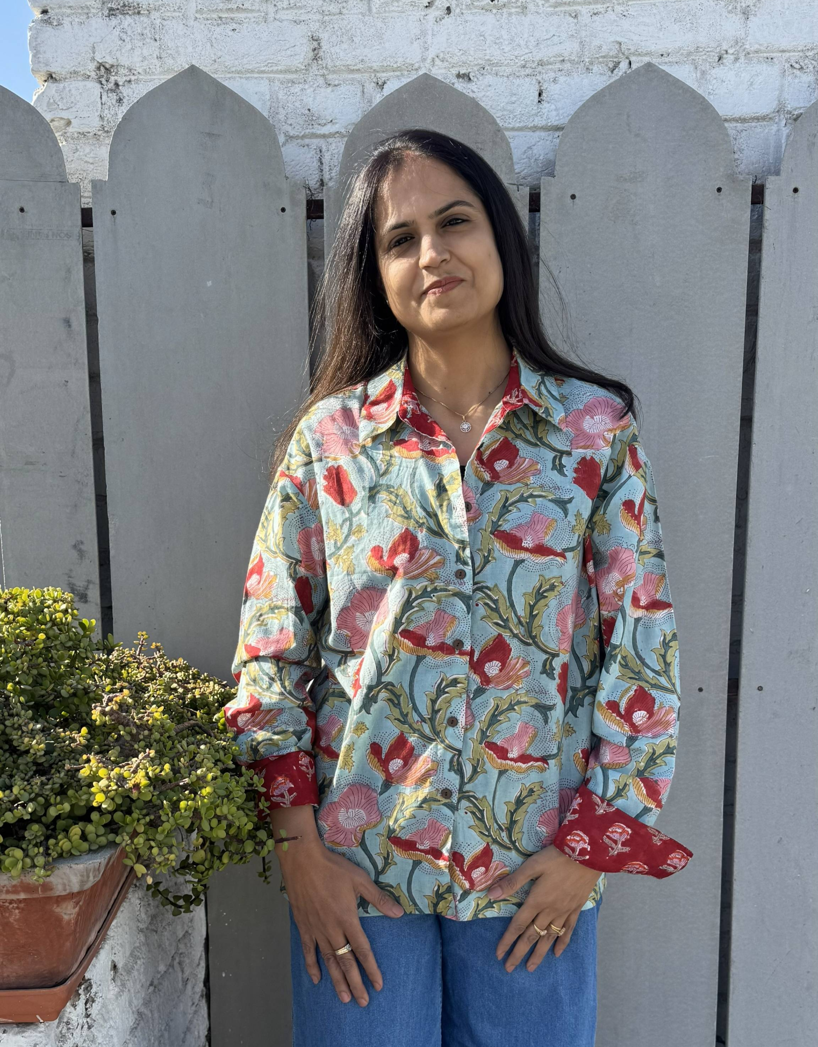 Lucknow Mugal Floral In Sky Cotton Oversized Shirt Without Pocket