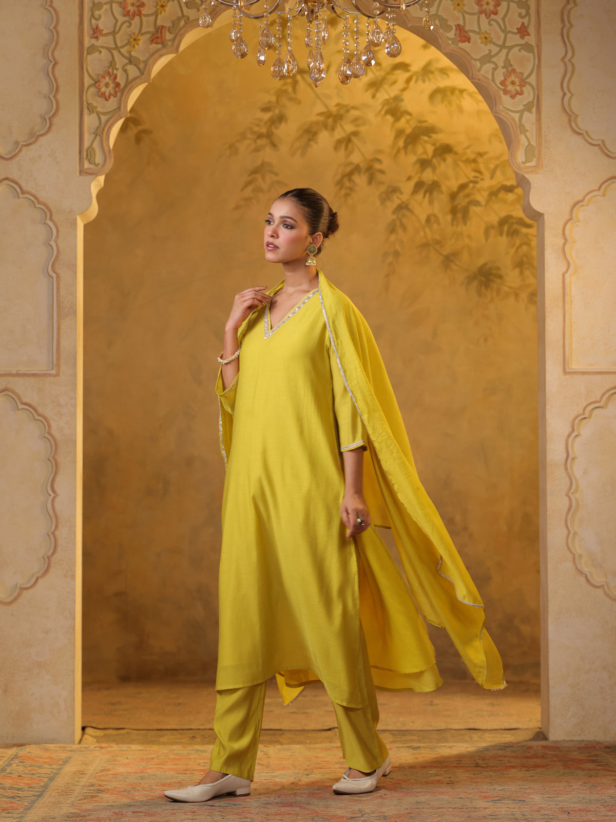 Festive MulChanderi Kurta Set with Dupatta - Lime
