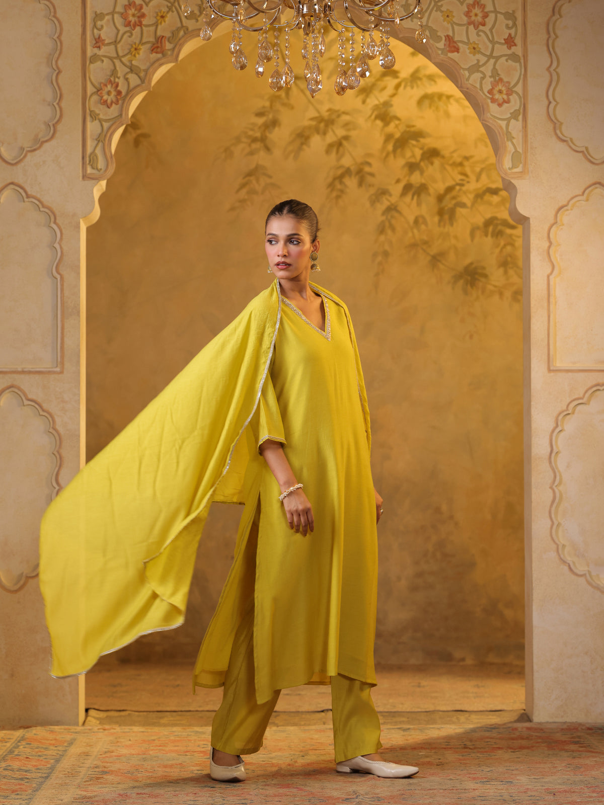 Festive MulChanderi Kurta Set with Dupatta - Lime