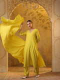 Festive MulChanderi Kurta Set with Dupatta - Lime