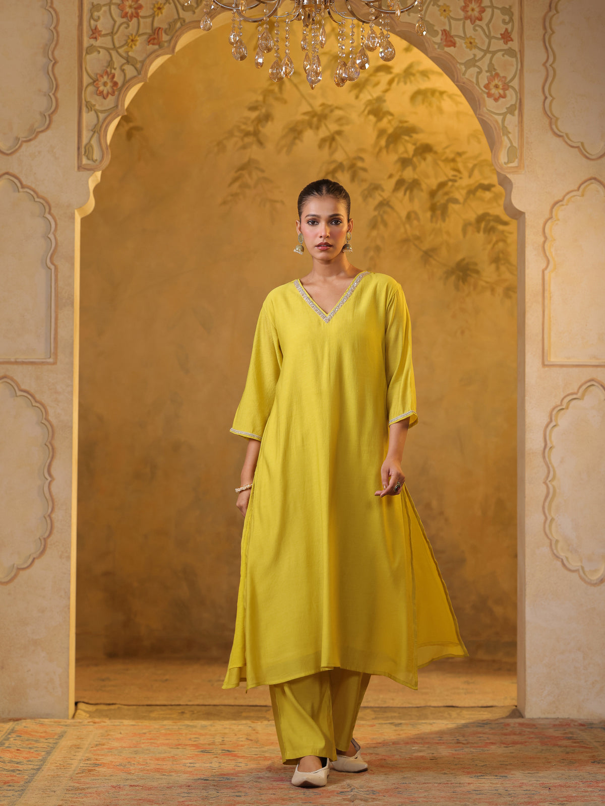 Festive MulChanderi Kurta Set with Dupatta - Lime