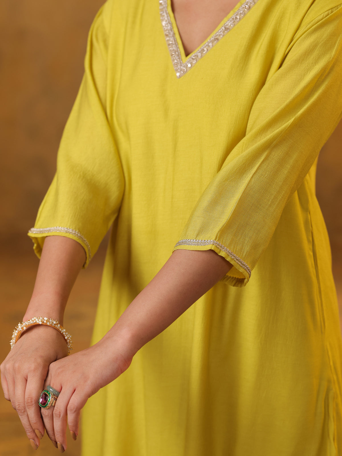 Festive MulChanderi Kurta Set with Dupatta - Lime