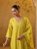 Festive MulChanderi Kurta Set with Dupatta - Lime