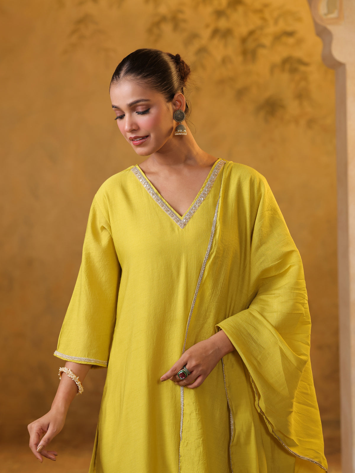 Festive MulChanderi Kurta Set with Dupatta - Lime