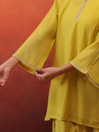 MulChanderi Short Kurta With Balloon Pant - Lime