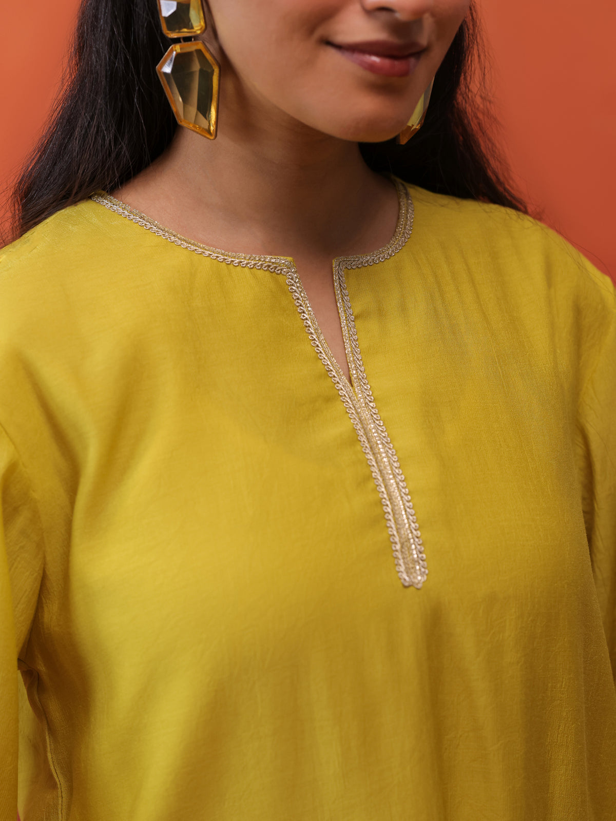 MulChanderi Short Kurta With Balloon Pant - Lime