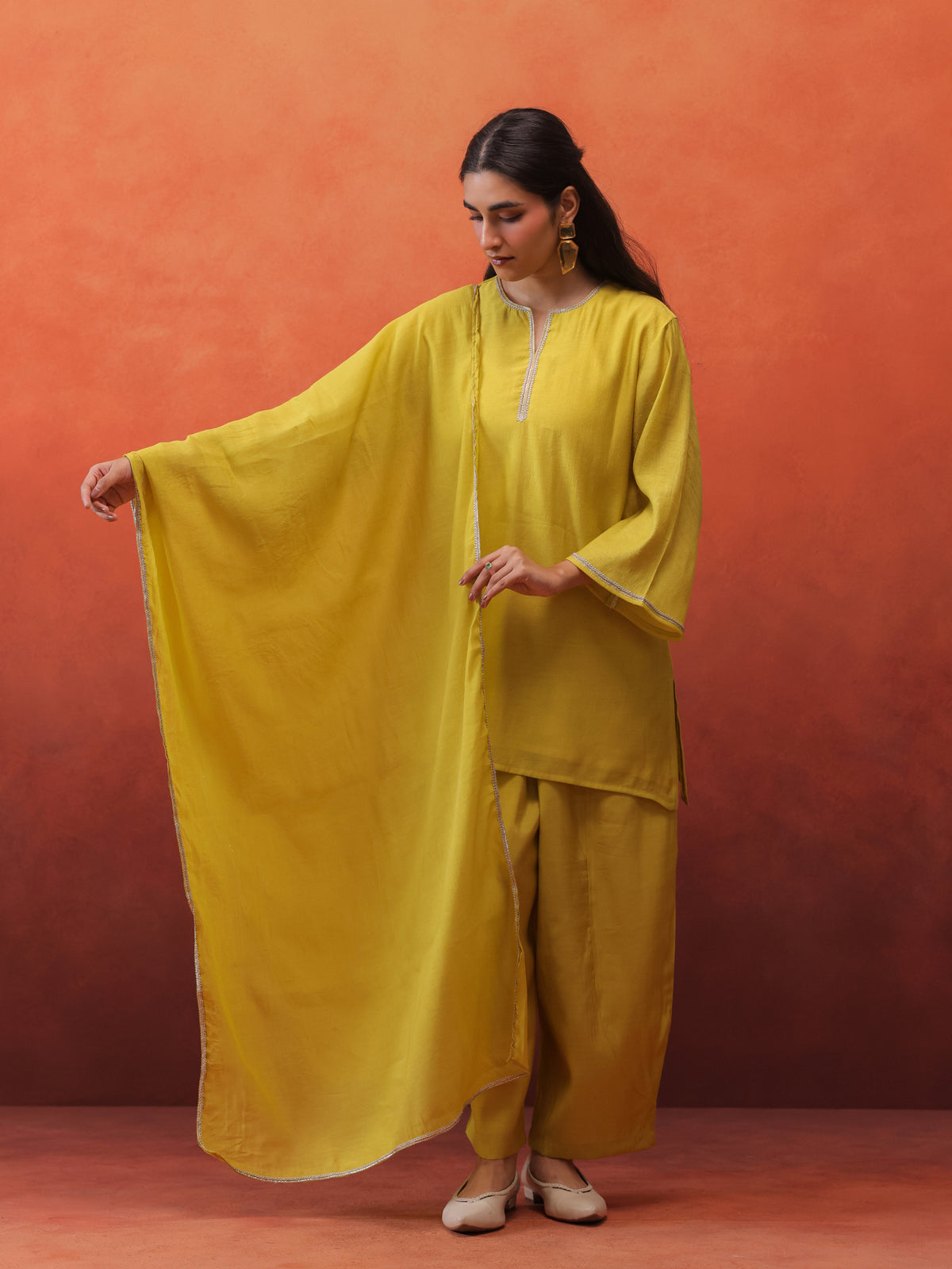 MulChanderi Short Kurta With Balloon Pant - Lime