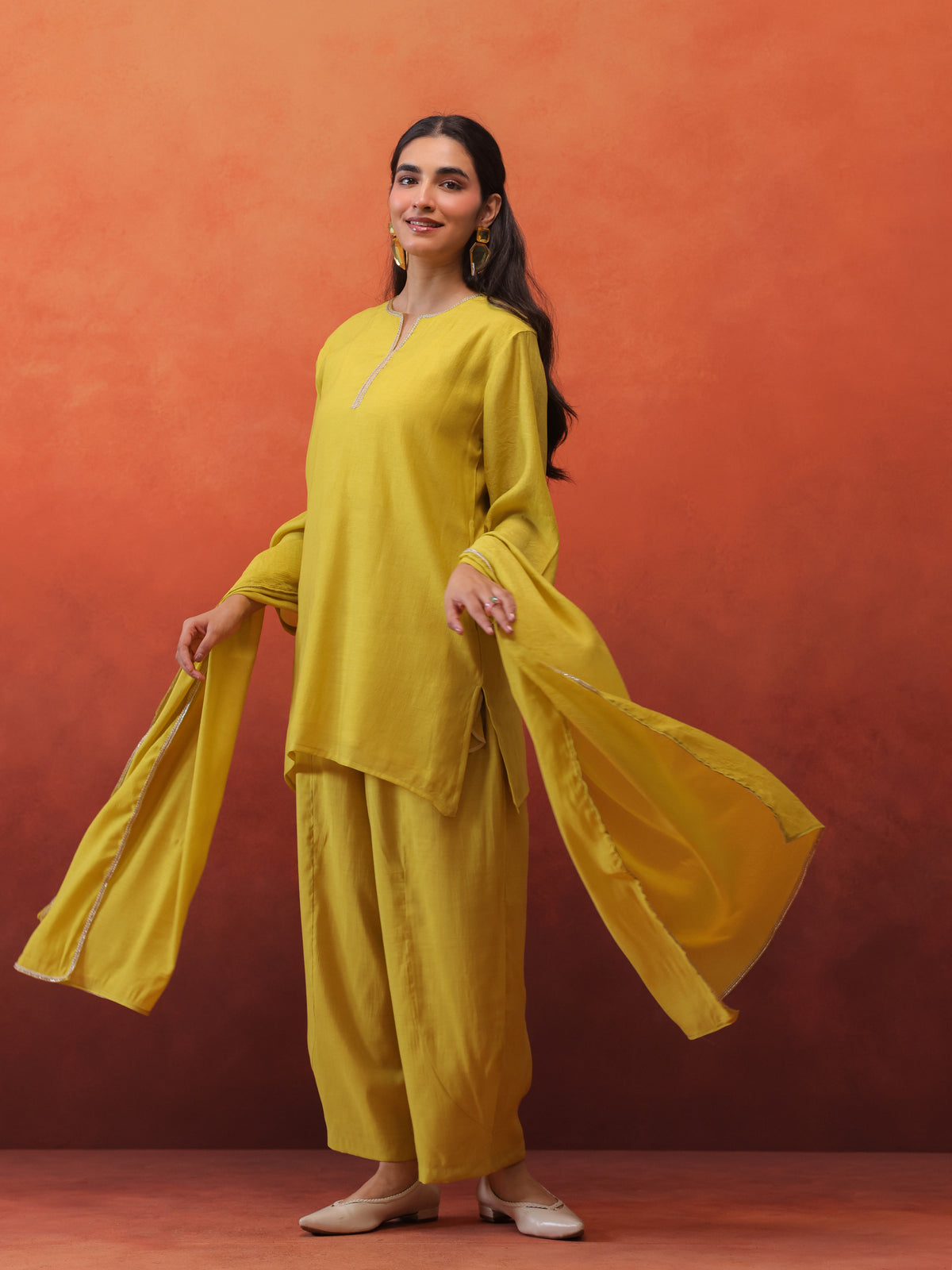 MulChanderi Short Kurta With Balloon Pant - Lime