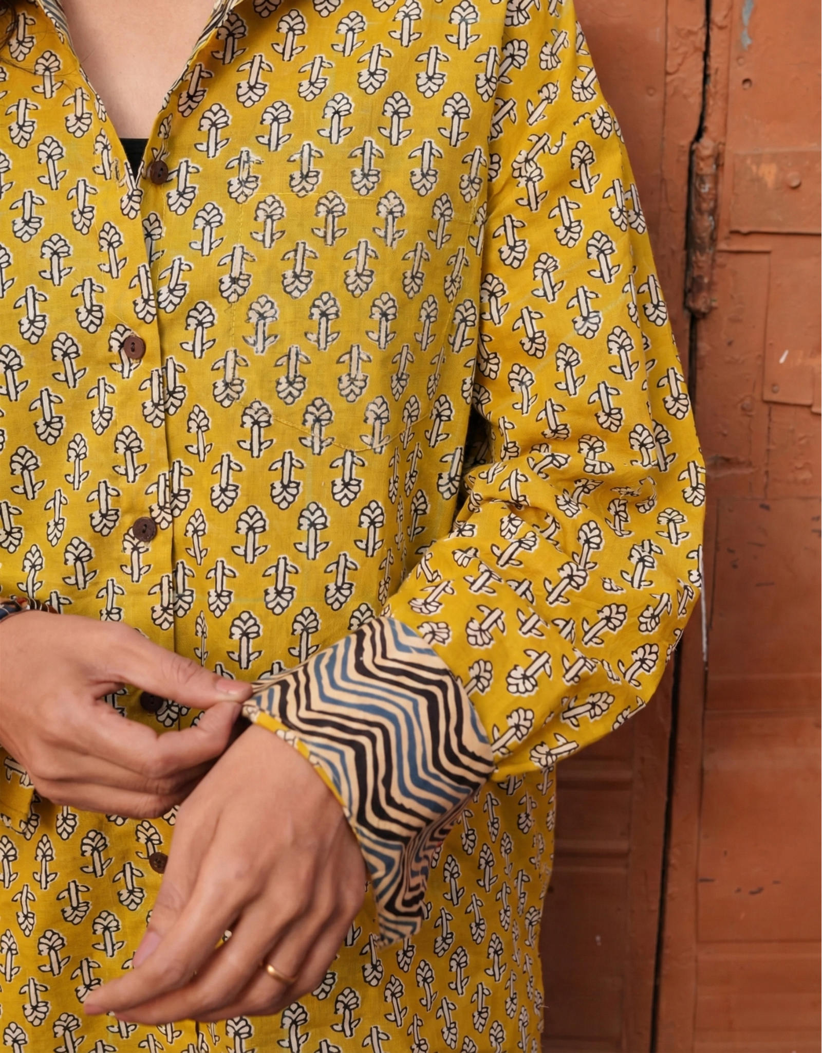 Punjabi Mustard Butti Cotton Oversized Shirt Without Pocket