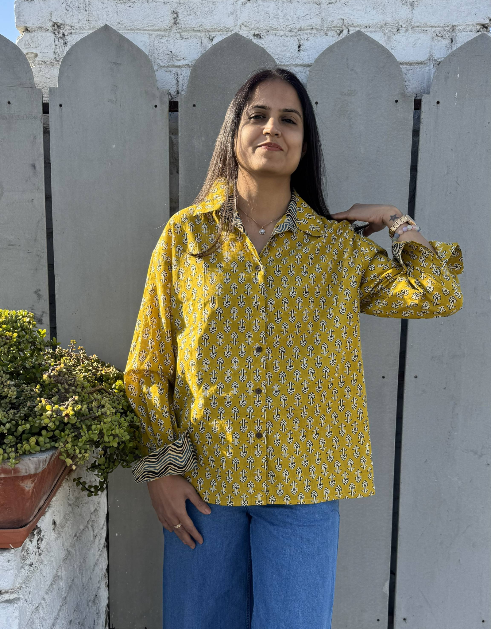 Punjabi Mustard Butti Cotton Oversized Shirt Without Pocket