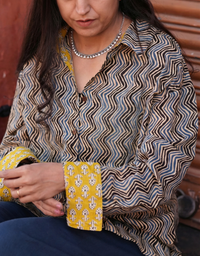 Punjabi Mustard Zigzag Cotton Oversized Shirt Without Pocket