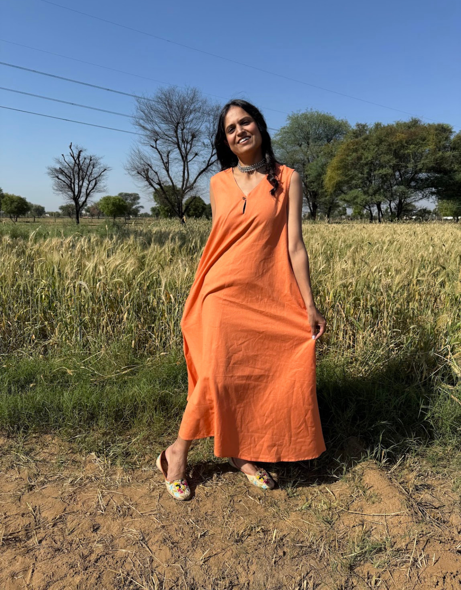 Orange Cotton Flex Sleeveless Long Dress