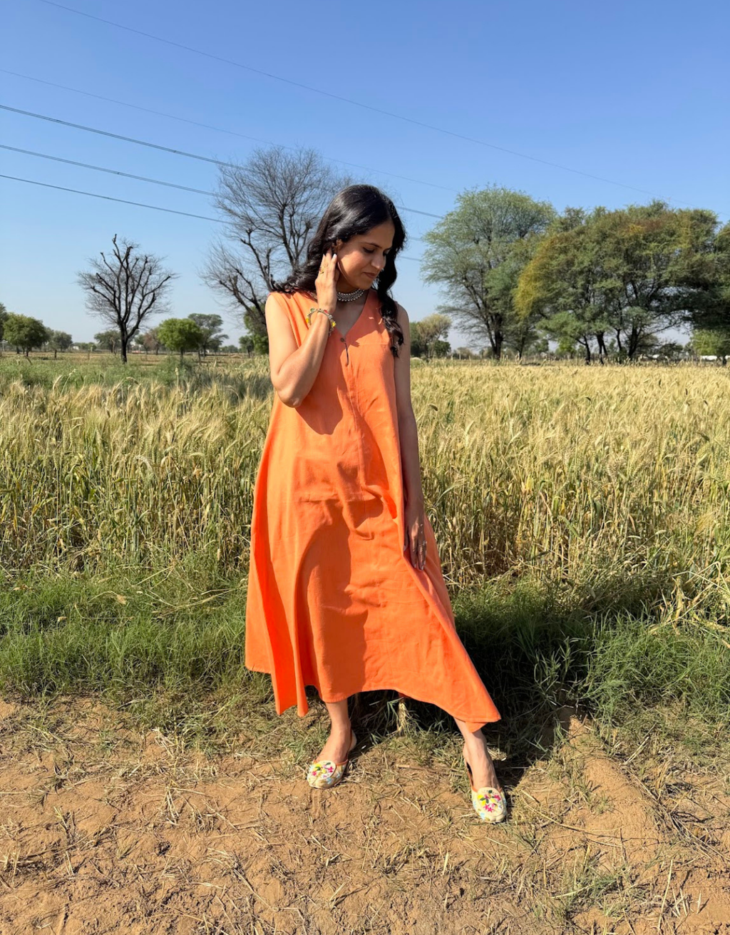 Orange Cotton Flex Sleeveless Long Dress