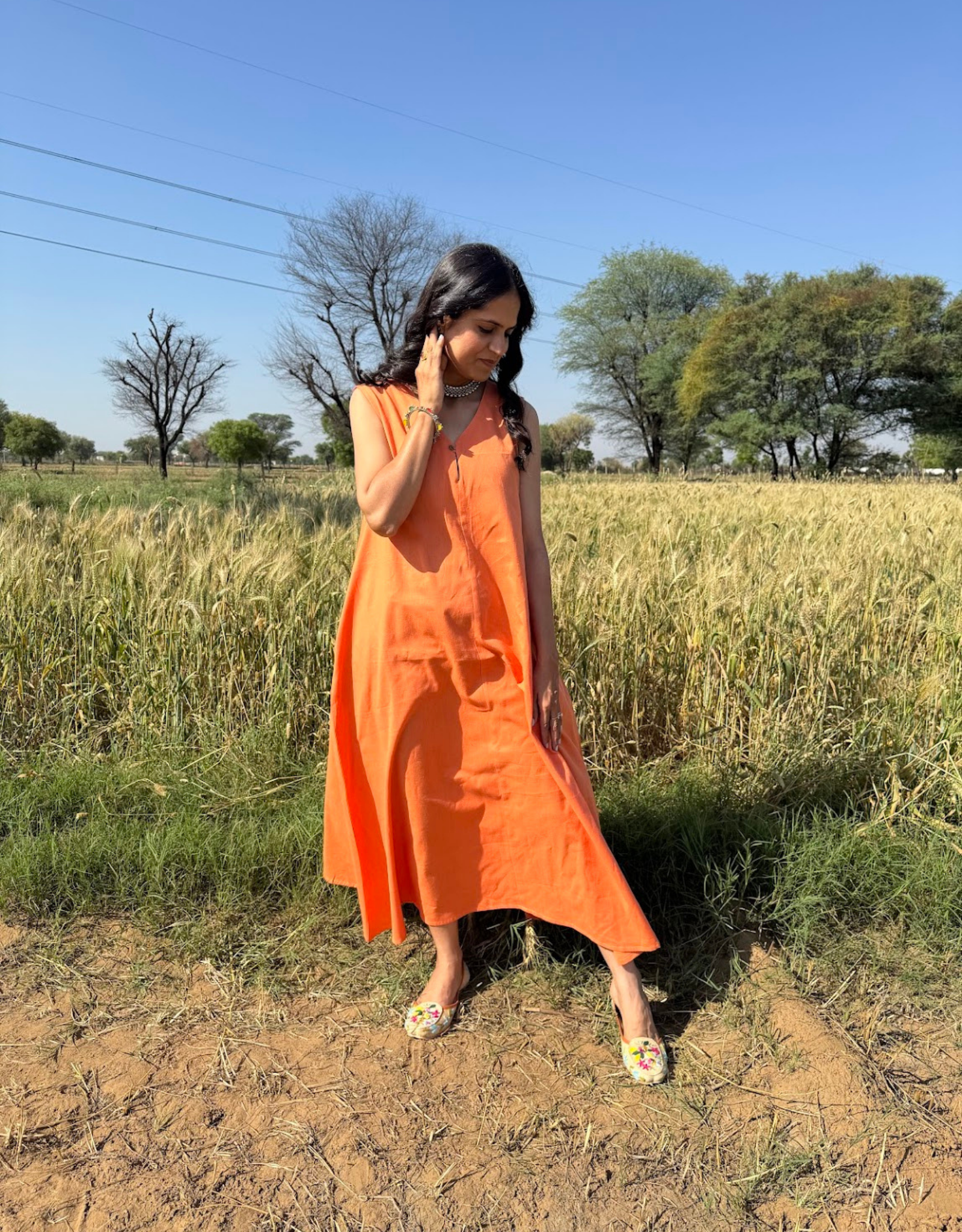 Orange Cotton Flex Sleeveless Long Dress