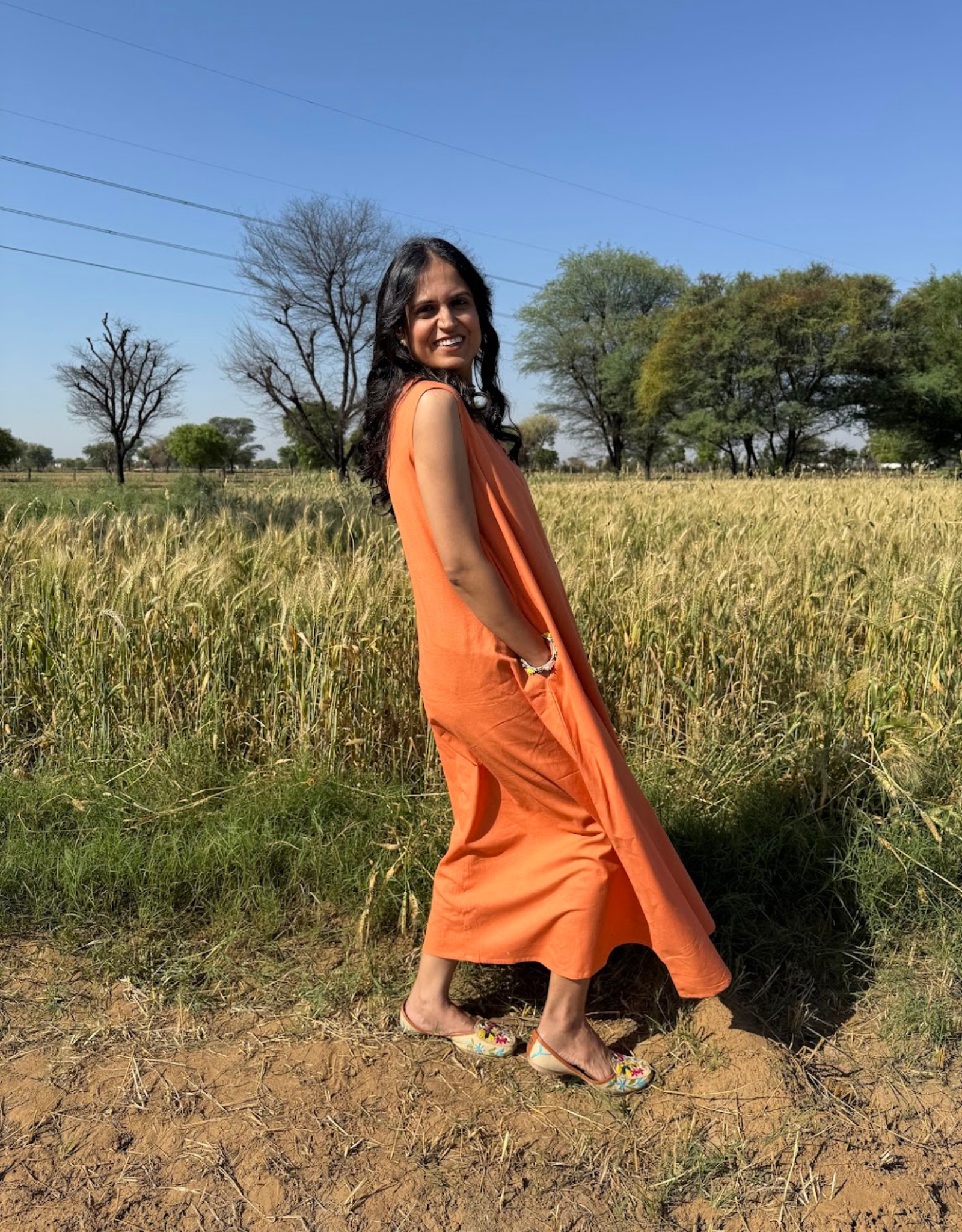 Orange Cotton Flex Sleeveless Long Dress