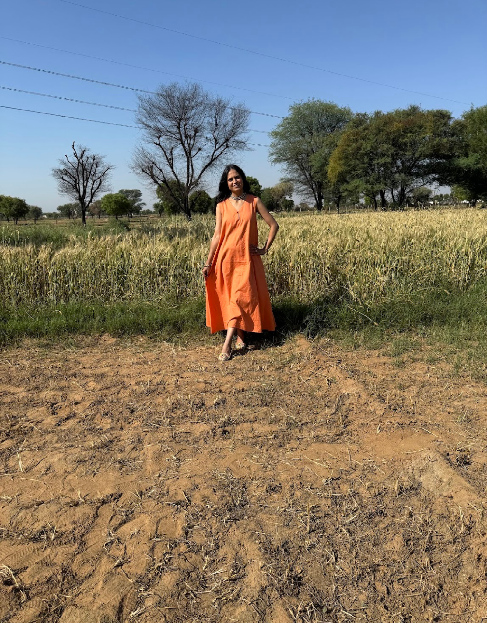 Orange Cotton Flex Sleeveless Long Dress