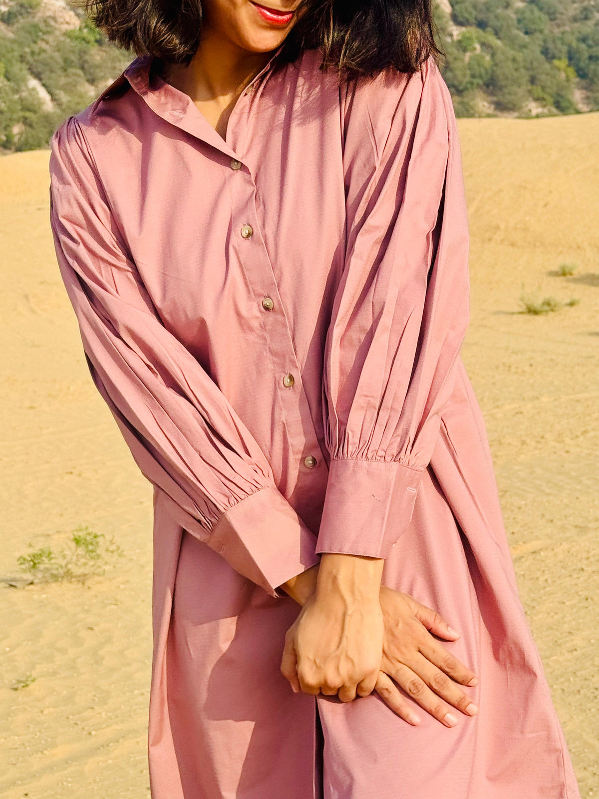 Stretch Ripstop Solid Gathered Dress - Pink