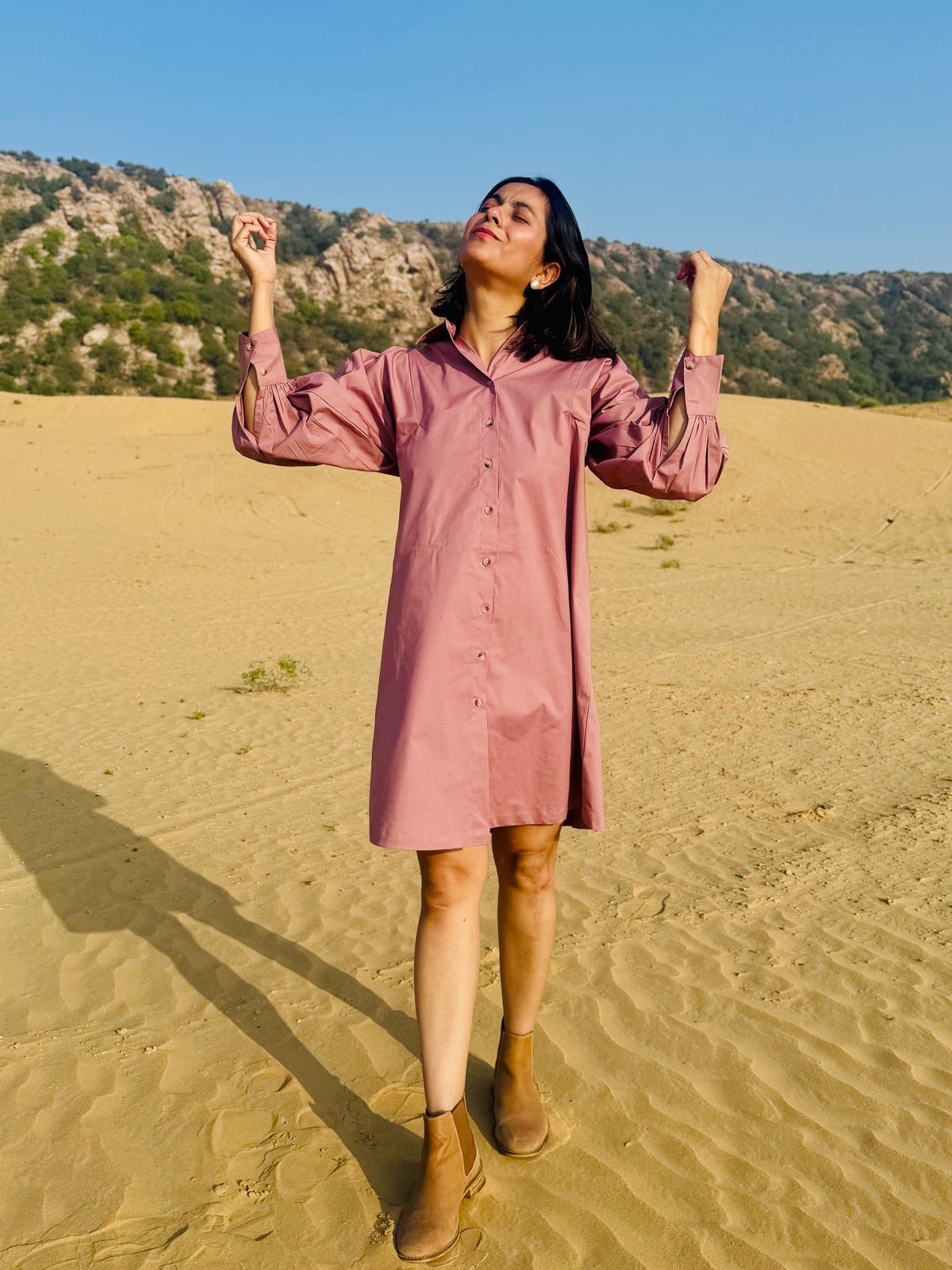 Stretch Ripstop Solid Gathered Dress - Pink