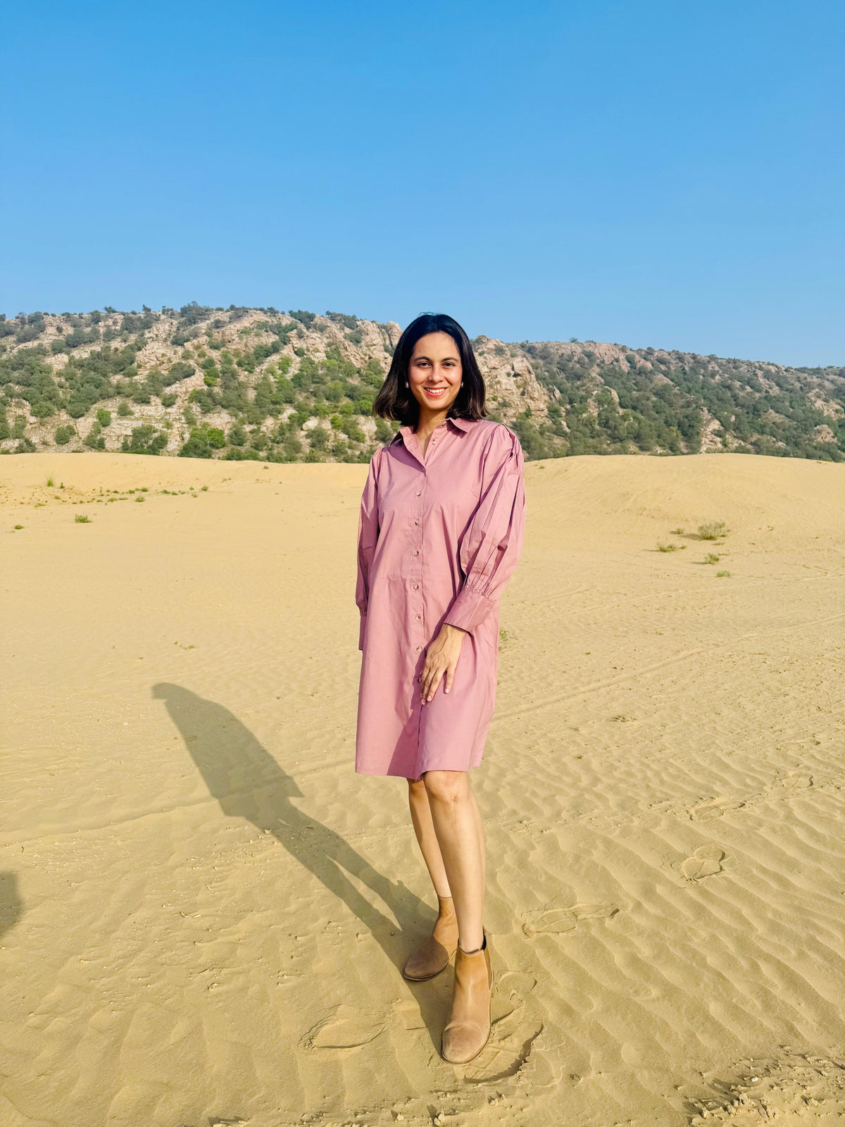 Stretch Ripstop Solid Gathered Dress - Pink