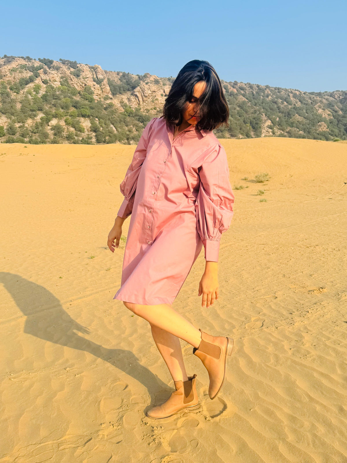 Stretch Ripstop Solid Gathered Dress - Pink
