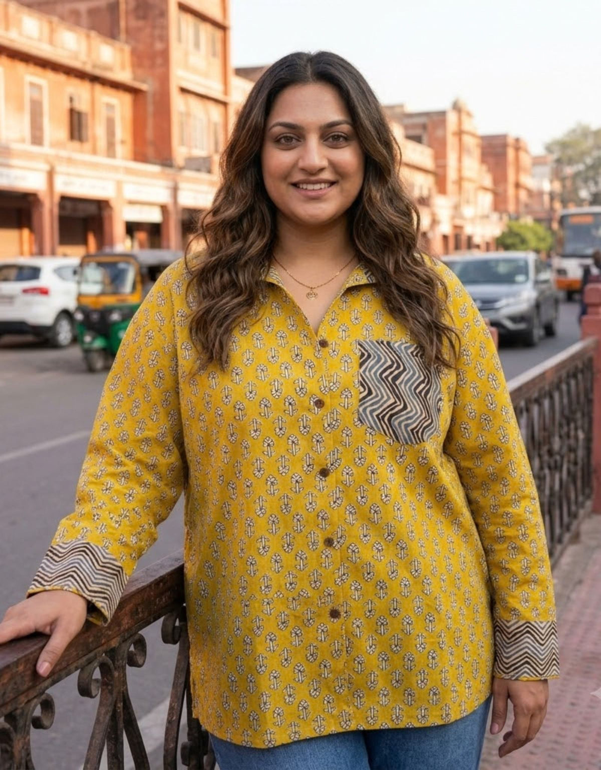 Punjabi Mustard Butti Cotton Oversized Shirt | Designed for Curves, Up to 6XL