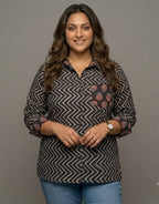 Black Zigzag Gul Cotton Oversized Shirt | Designed for Curves, Up to 6XL