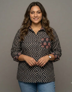 Black Zigzag Gul Cotton Oversized Shirt | Designed for Curves, Up to 6XL