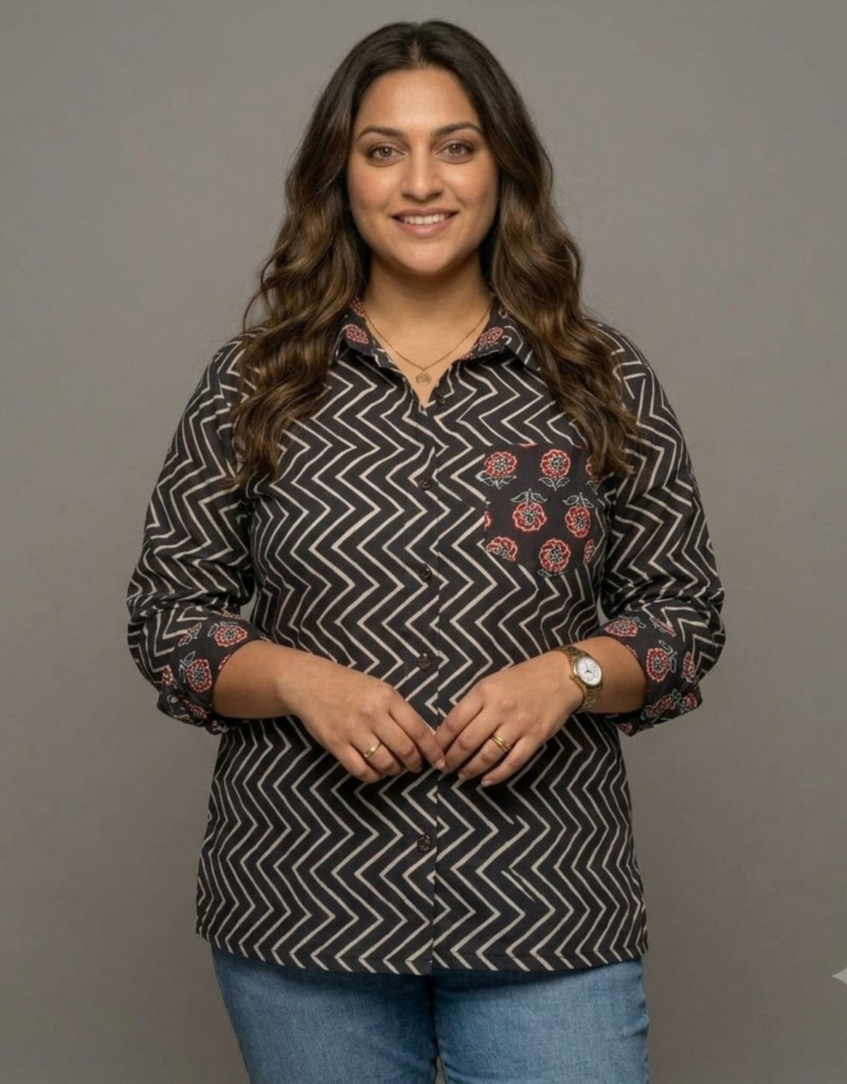 Black Zigzag Gul Cotton Oversized Shirt | Designed for Curves, Up to 6XL