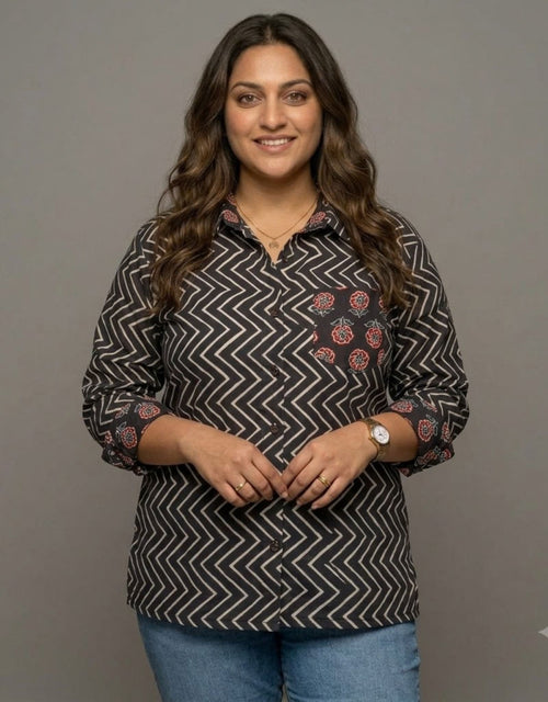 Black Zigzag Gul Cotton Oversized Shirt | Designed for Curves, Up to 6XL