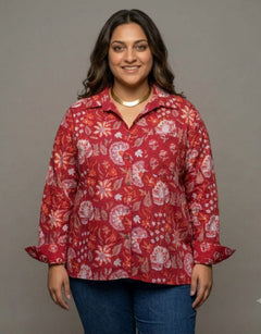 Delhi Red Floral Cotton Oversized Shirt | Designed for Curves, Up to 6XL
