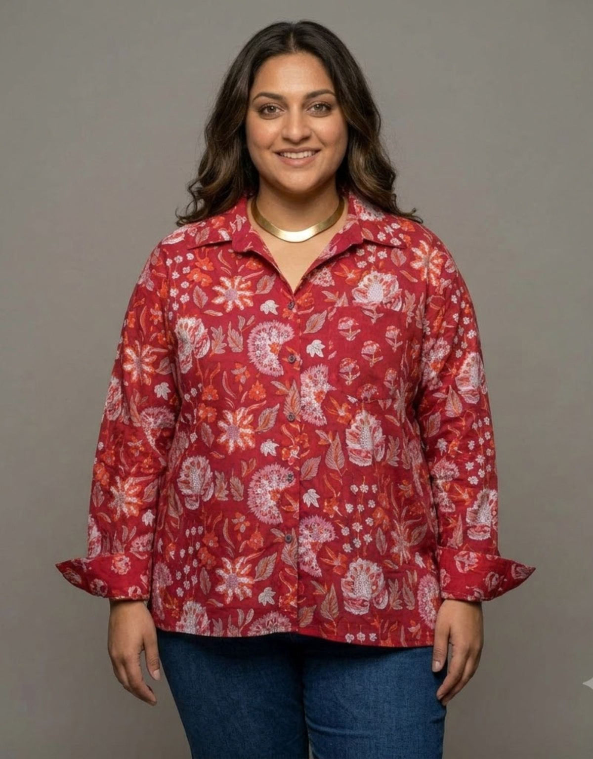 Delhi Red Floral Cotton Oversized Shirt | Designed for Curves, Up to 6XL