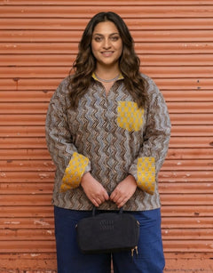 Punjabi Mustard Zigzag Cotton Oversized Shirt | Designed for Curves, Up to 6XL