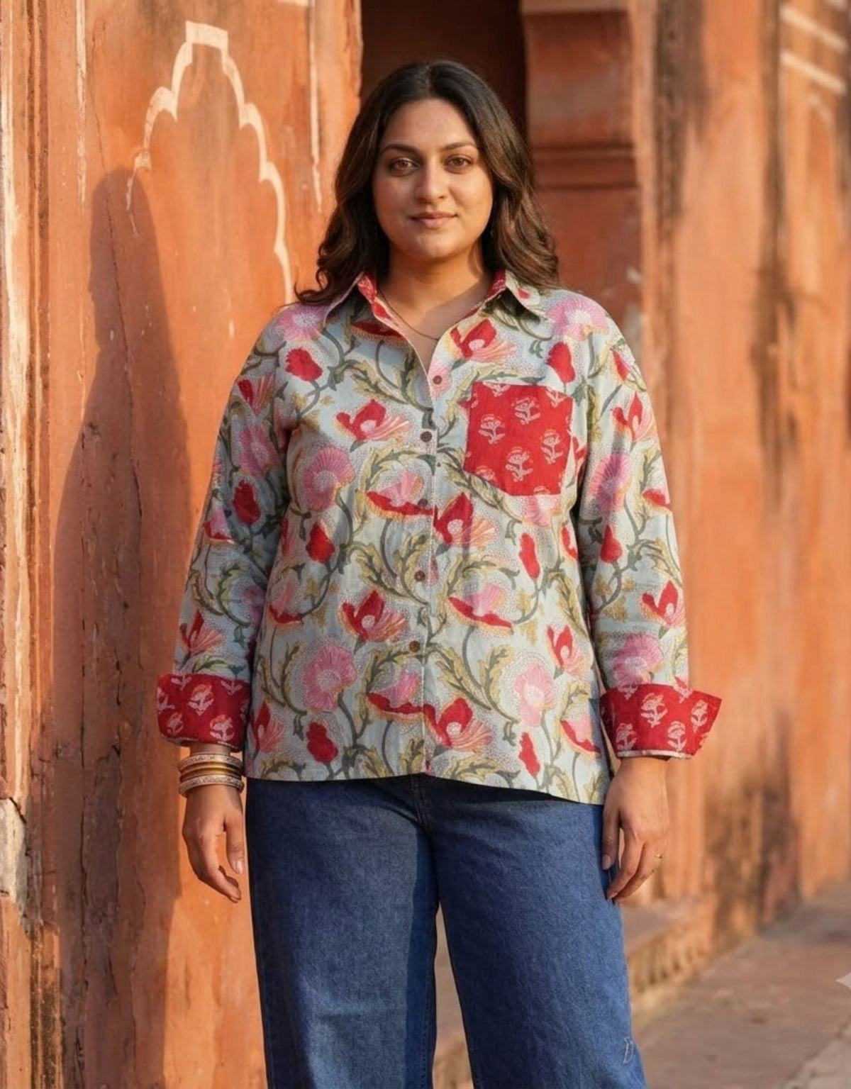 Lucknow Mugal Floral In Sky Cotton Oversized Shirt | Designed for Curves, Up to 6XL