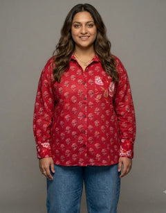 Red Gulmohar Cotton Oversized Shirt | Designed for Curves, Up to 6XL