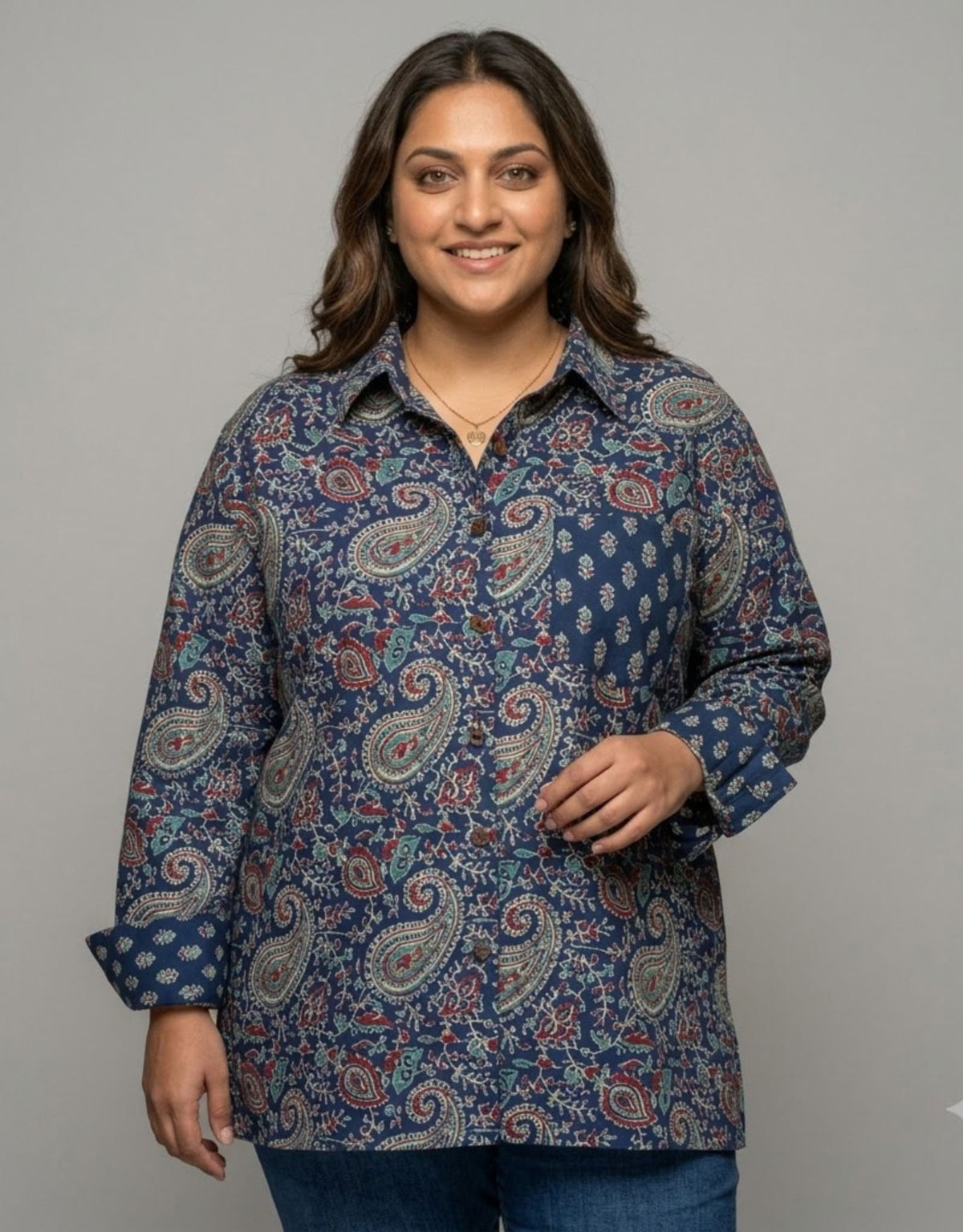 Indigo Paisley Cotton Oversized Shirt | Designed for Curves, Up to 6XL