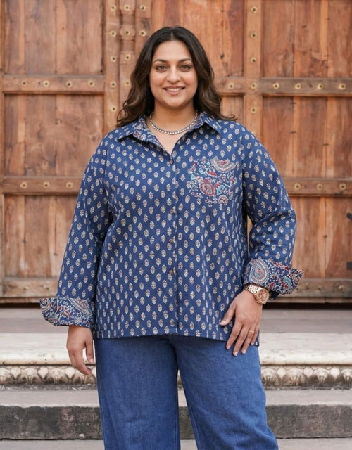 Indigo Butti Cotton Oversized Shirt | Designed for Curves, Up to 6XL