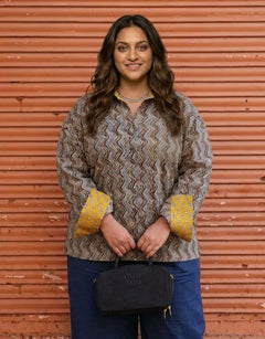 Punjabi Mustard Zigzag Cotton Oversized Shirt Without Pocket | Designed for Curves, Up to 6XL