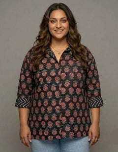 Black Gulmohar Cotton Oversized Shirt Without Pocket | Designed for Curves, Up to 6XL