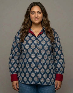 Ajarkh Patta Butti Cotton Oversized Shirt Without Pocket | Designed for Curves, Up to 6XL